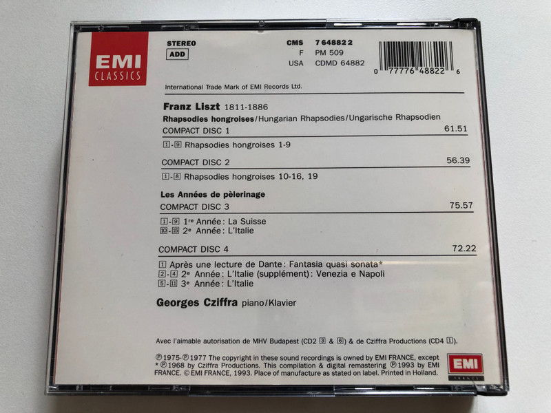 Liszt - Rhapsodies Hongroises; Les Années de Pèlerinage - Cziffra / EMI Classics 4x Audio CD 1993 Stereo / CMS 7 64882 2