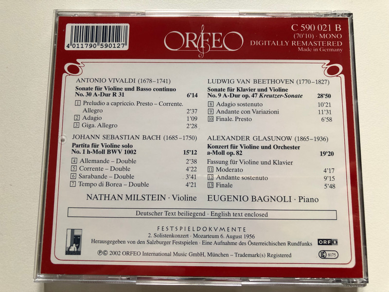 Vivaldi: Sonate A-Dur, Bach: Partita No.1, Beethoven: Sonate Op.47 ''Kreutzer'', Glazunov: Violinkonzert - Eugenio Bagnoli (piano), Nathan Milstein / Orfeo D'Or, Festspieldokumente / Orfeo Audio CD 2002 Mono / C 590 021 B