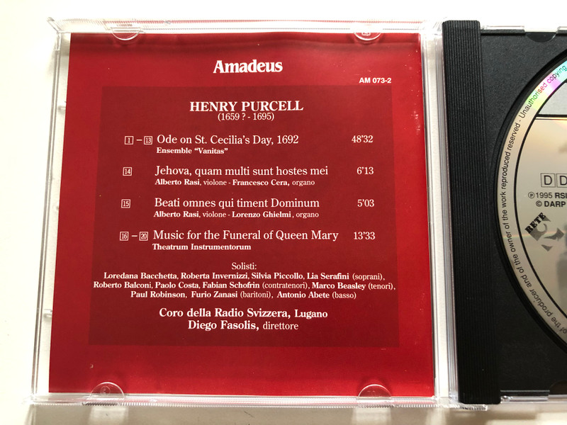 Henry Purcell - Ode On St. Cecilia's Day; Jehova, Quam Multi Sunt Hostes Mei (Motetto a 5 Voci); Beati Omnes Qui Timent Dominum; Music For The Funeral Of Queen Mary - Soli e Coro della Radio Svizzera / Amadeus Audio CD 1995 / AM 073-2
