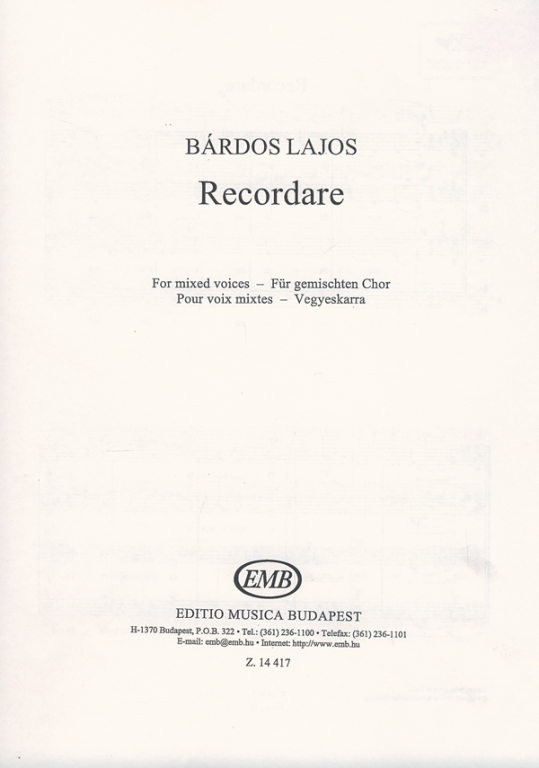 Bárdos Lajos Recordare  vocalchoral score  sheet music (9790080144176) 