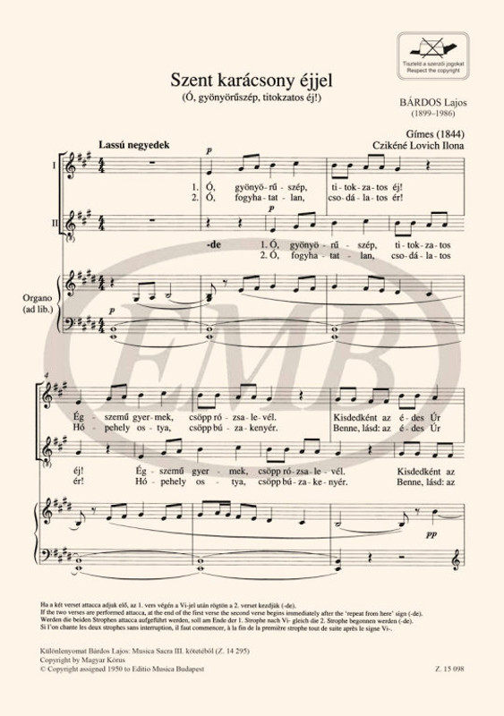 Bárdos Lajos Szent karácsony éjjel (Ó, gyönyörűszép, titokzatos éj!)  kánon ad libitum orgonakísérettel  sheet music (9790080150986)