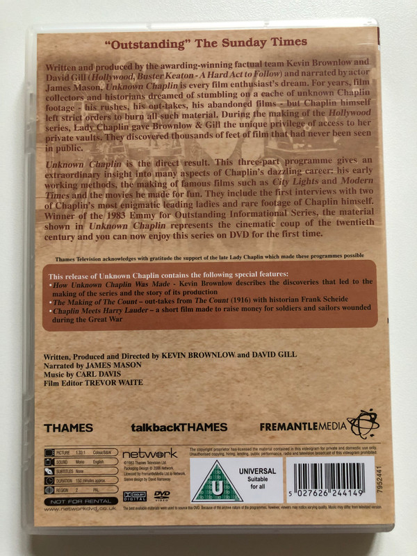 Unknown Chaplin  Special Edition  Written and Produced by Kevin Brownlow and David Gill  network  DVD Video (5027626244149)