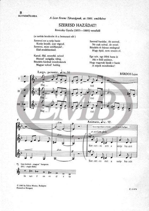 Bárdos Lajos Szeresd hazádat! (B)  Words by Reviczky Gyula  sheet music (9790080130742)