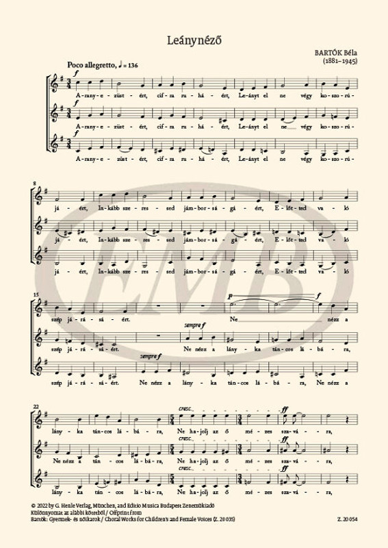 Bartók Béla Leánynéző  27 Two- and Three-Part Choruses for Children's and Women's Voices , Volume II, No. 3 (BB 111a, 1935)  sheet music  In collaboration with Kerékfy Márton – Pintér Csilla Mária – Somfai László  Edited by Szabó Miklós (9790080200544)