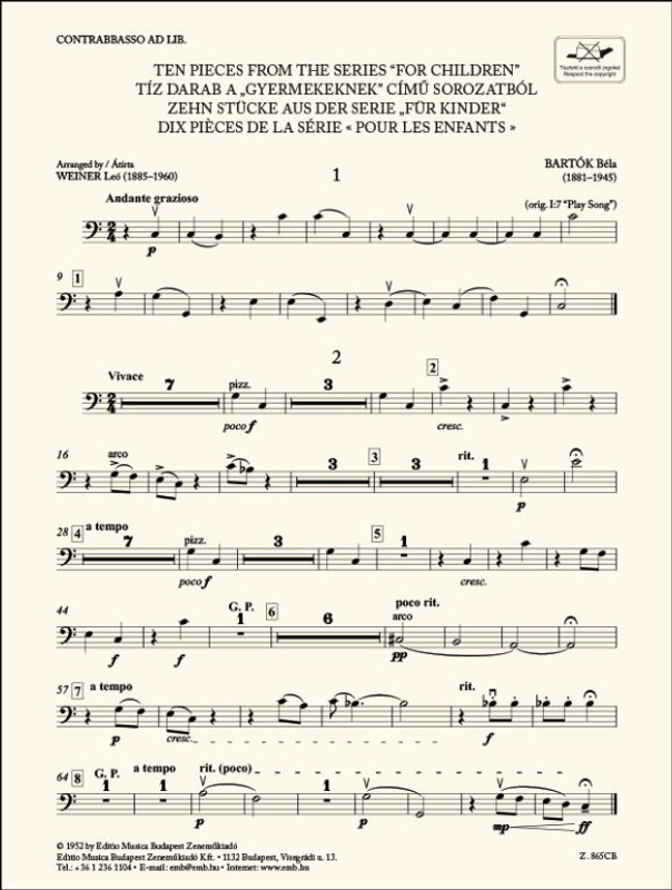 Bartók Béla Ten Pieces from the Series 'For Children'  for three violins and cello or string quartet or youth string orchestra  sheet music  Transcribed by Weiner Leó (9790080305881)