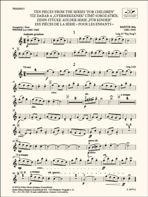 Bartók Béla Ten Pieces from the Series 'For Children'  for three violins and cello or string quartet or youth string orchestra  Transcribed by Weiner Leó (9790080305836)