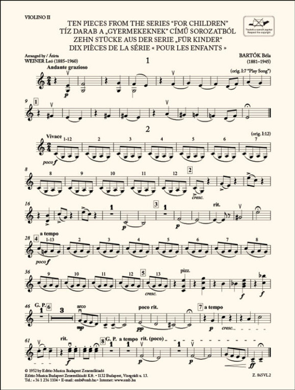 Bartók Béla Ten Pieces from the Series 'For Children' 2023  for three violins and cello or string quartet or youth string orchestra  sheet music  Transcribed by Weiner Leó (9790080305843