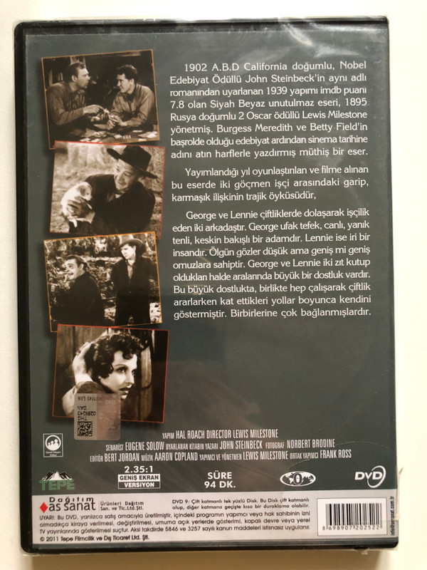 Fareler ve insanlar  OF MICE AND MEN  JOHN STEINBECK' in Unutulmaz Eserinden  JOHN STEINBECK ILE BURGESS MERDITH BETTY FIELD LON CHANEY JR.  DVD Video (8698907202522)