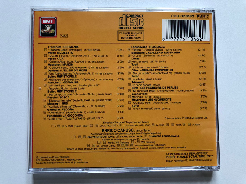 Enrico Caruso – Airs D'Opéras Et Mélodies = Opera Arias And Songs = Opernarien Und Gesänge (Milano 1902-1904) / EMI Audio CD 1988 / CDH 7610462