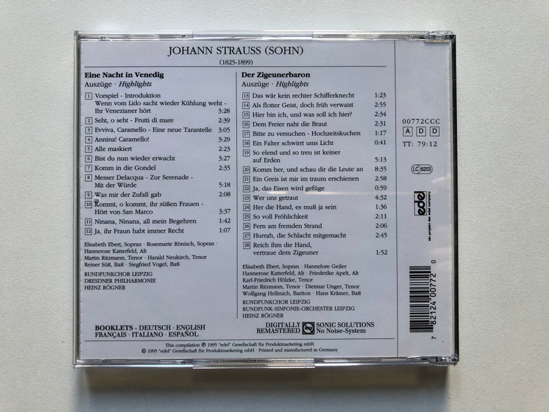 Johann Strauss - Eine Nacht in Venedig; Der Zigeunerbaron (Highlights) - Hannelore Katterfeld; Friederike Apelt; Martin Ritzmann; Wolfgang Hellmich; Siegfried Vogel, Rundfunkchor Leipzig; Dresdner Philharmonie / edel Audio CD 1995 / 00772CCC