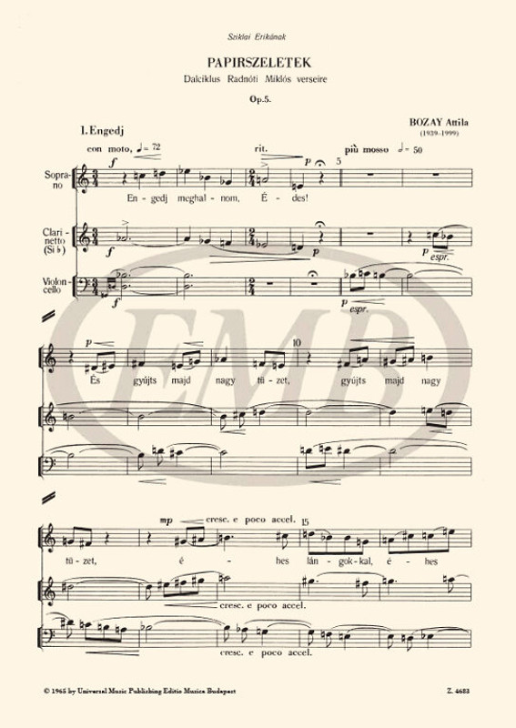 Bozay Attila Paper Slips  A cycle of songs to poems by Miklós Radnóti for soprano, clarinet and violoncello  playing score Op. 5  sheet music (9790080046838)