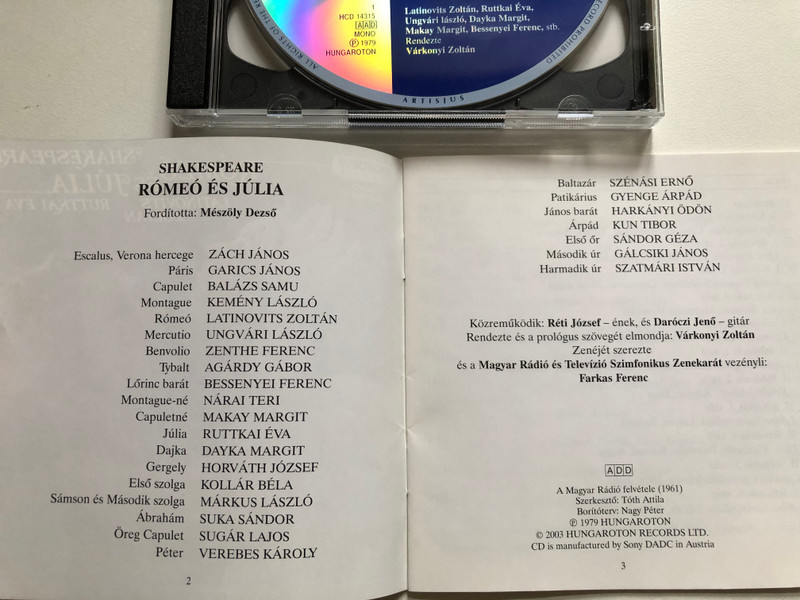 Shakespeare: Rómeó És Júlia - Latinovits Zoltán, Ruttkai Éva / Hungaroton Classic 2x Audio CD 2003 Mono / HCD 14315-16