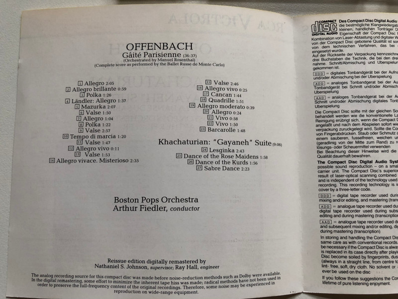 Offenbach: Gaite Parisienne, Khachaturian: "Gayaneh" Suite (Avec La Danse Du Sabre) - Boston Pops Orchestra, Arthur Fiedler / RCA Victor Audio CD 1988 / VD87734
