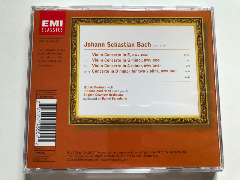 Bach: Violin Concertos - Itzhak Perlman, Pinchas Zukerman, English Chamber Orchestra, Daniel Barenboim / Encore / EMI Classics Audio CD 2001 Stereo / 724357455527