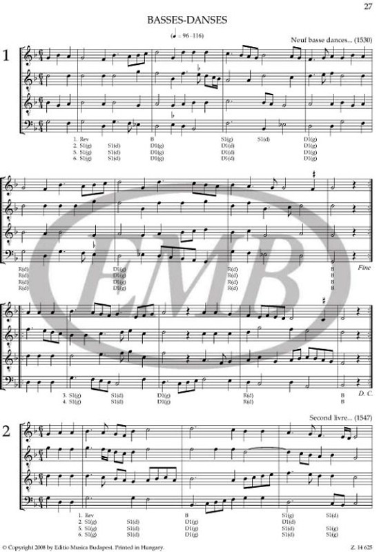 French Renaissance Dances for four recorders  With ornamentation instructions and choreographies  score and parts  Compiled and edited by Bali János  Choreographies by Kovács Gábor  sheet music (9790080146255)