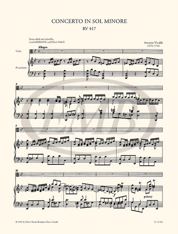 Vivaldi, Antonio Concerto in sol minore, RV 417  per viola e pianoforte (orig. per violoncello, archi e cembalo)  piano score  Edited by Bársony László – Nagy Olivér (9790080126165)
