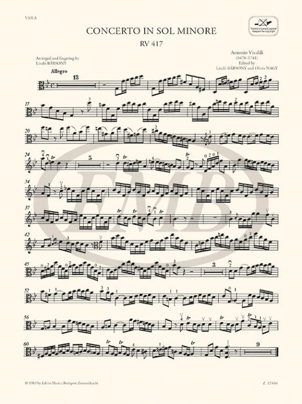 Vivaldi, Antonio Concerto in sol minore, RV 417  per viola e pianoforte (orig. per violoncello, archi e cembalo)  piano score  Edited by Bársony László – Nagy Olivér (9790080126165)