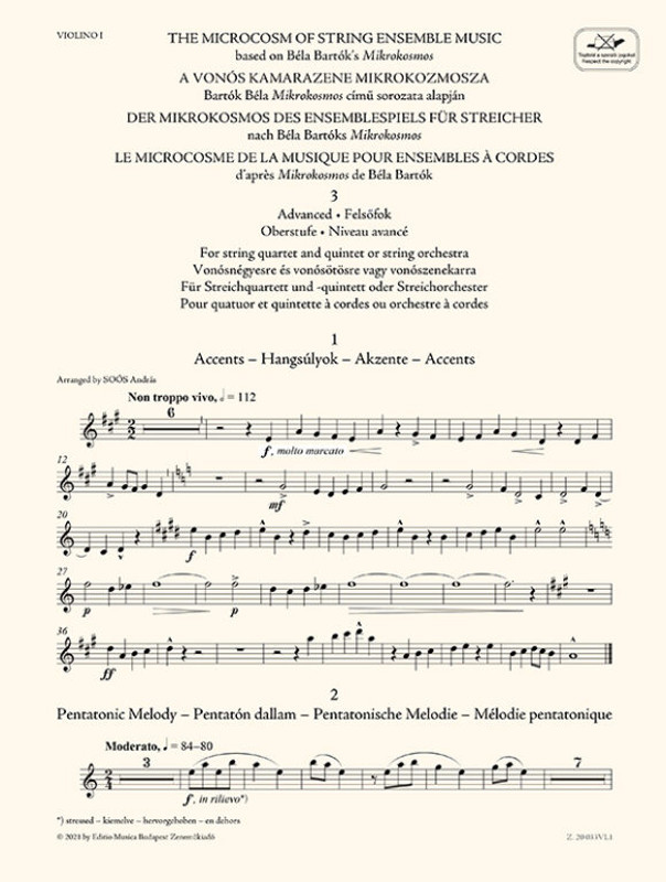 The Microcosm of String Ensemble Music 3  based on Béla Bartók's Mikrokosmos - Advanced (for string quartet and quintet or string orchestra  sheet music (9790080305669)