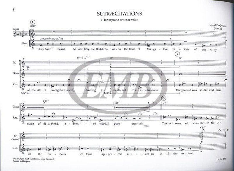 Csapó Gyula Sutraecitations  for soprano or tenor voicefor mezzo-soprano or bariton voice and four players  playing score  sheet music (9790080142318)