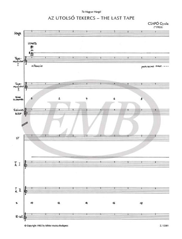 Csapó Gyula The Last Tape. Hommage a Samuel Beckett  for solo violin and electronics  score  sheet music (9790080123812)