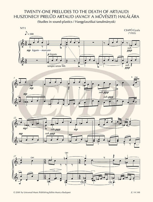 Csapó Gyula Twenty-one Preludes to the Death of Art(aud)  Studies in Sound Plastics for piano  sheet music (9790080143483)