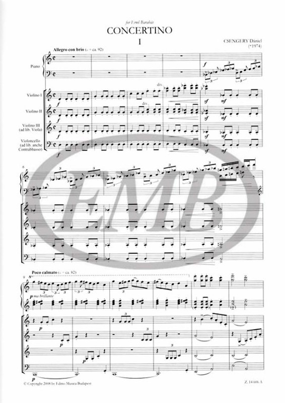 Csengery Dániel Concertino for piano and string orchestra  score and parts  sheet music (9790080300558)