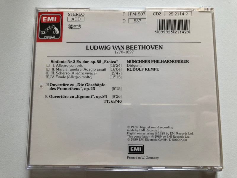 Beethoven - Sinfonie No. 3 "Eroica"; Prometheus; Egmont - Münchner Philharmoniker, Rudolf Kempe / Meisterwerk / EMI DRM Audio CD Stereo 1989 / CDZ 25 2114 2
