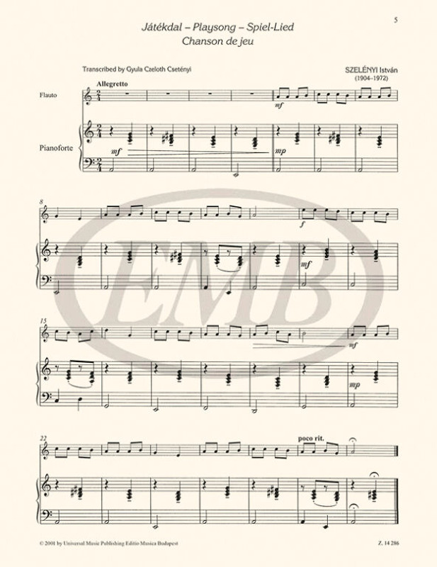 Szelényi István Twelve Easy Little Pieces for flute with piano accompaniment  Transcribed by Czeloth Csetényi Gyula  Piano part revised by Szelényi László (9790080142868)
