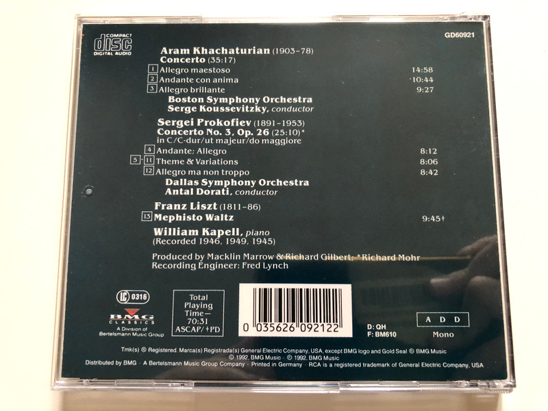 Kapell - Khachaturian: Concerto; Prokofiev: Concerto No, 3; Liszt : Mephisto Waltz / BMG Classics Audio CD 1992 / GD60921