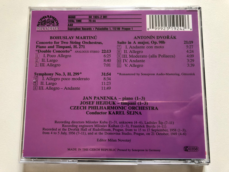 Martinů - Double Concerto; Symphony No. 3; Suite in A - Czech Philharmonic Orchestra, Karel Šejna / Supraphon Audio CD Mono / SU 1924-2 001