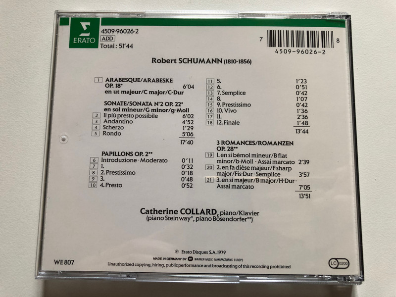 Schumann: Sonate no. 2 op. 22; Papillons op. 2; Trois Romances op. 28; Arabesque op. 18 - Catherine Collard (piano) / Hommange a Catherine Collard / Erato Audio CD / 4509-96026-2