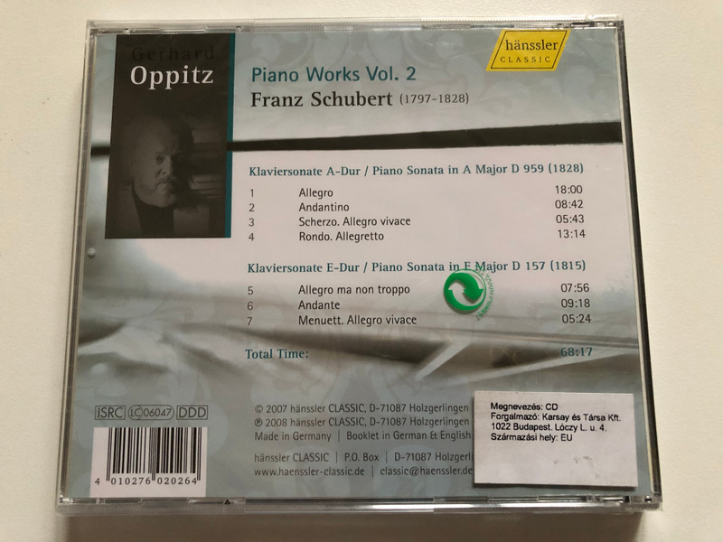 Franz Schubert, Gerhard Oppitz – Piano Works, Vol. 2 - Klaviersonate A-Dur D 959; Klaviersonate E-Dur D 157 / Hänssler Classic Audio CD 2008 / CD 98.297 