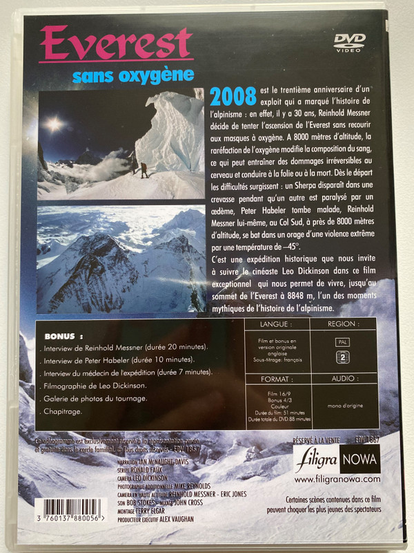 EVEREST SANS OXYGÈNE / un film de Leo Dickinson / Prix du meilleur film d'expédition Banff - Telluride / REINHOLD MESSNER - PETER HABELER / filigra NOWA / DVD Video (3760137880056)