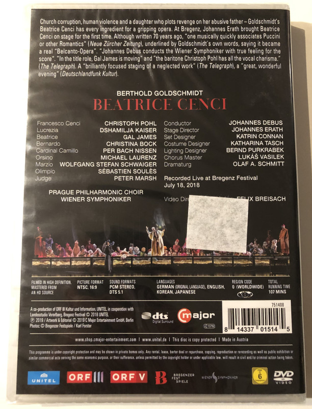 Beatrice Cenci  BERTHOLD GOLDSCHMIDT  GAL JAMES, CHRISTOPH POHL, DSHAMILJA KAISER  WIENER SYMPHONIKER, JOHANNES DEBUS  Stage Director JOHANNES ERATH  Opera DVD Video (814337015145)