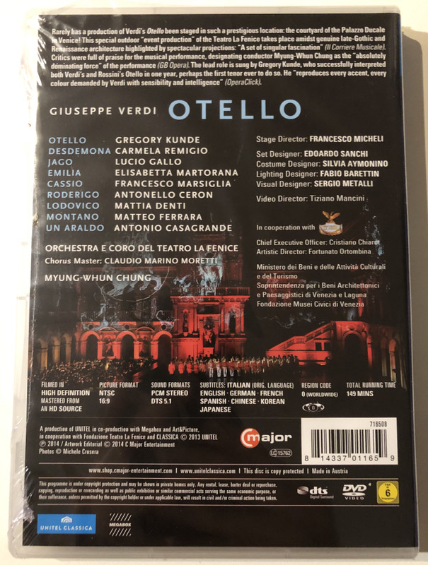 GIUSEPPE VERDI - OTELLO / FROM THE PALAZZO DUCALE DI VENEZIA / GREGORY KUNDE, CARMELA REMIGIO, LUCIO GALLO / UNITEL CLASSICA / DVD Video (814337011659)