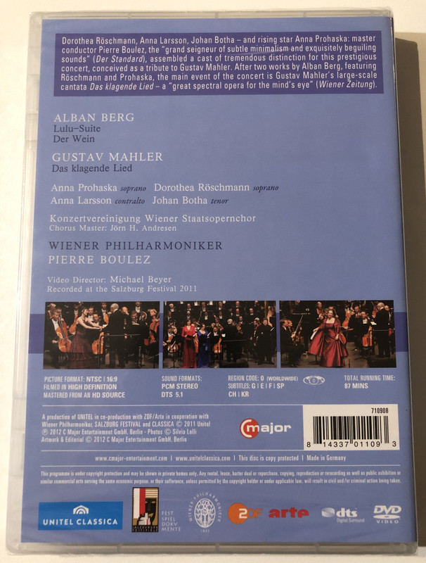 SALZBURG FESTIVAL OPENING CONCERT / PIERRE BOULEZ / WIENER PHILHARMONIKER / KONZERTVEREINIGUNG WIENER STAATSOPERNCHOR / PROHASKA, RÖSCHMANN, LARSSON, BOTHA, BERG, MAHLER / major / UNITEL CLASSICA / DVD Video (814337011093)