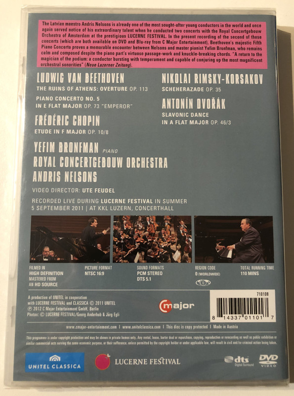 ANDRIS NELSONS - ROYAL CONCERTGEBOUW ORCHESTRA / YEFIM BRONFMAN / LUCERNE FESTIVAL/ BEETHOVEN PIANO CONCERTO NO.5 / RIMSKY-KORSAKOV SCHEHERAZADE / major / UNITEL CLASSICA / DVD Video (814337011017)