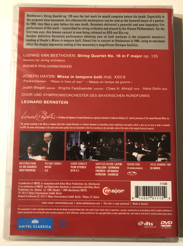 Leonard Bernstein: Beethoven - String Quartet No. 16/Haydn / Missa in Tempore Belli / DVD Video (814337011154)