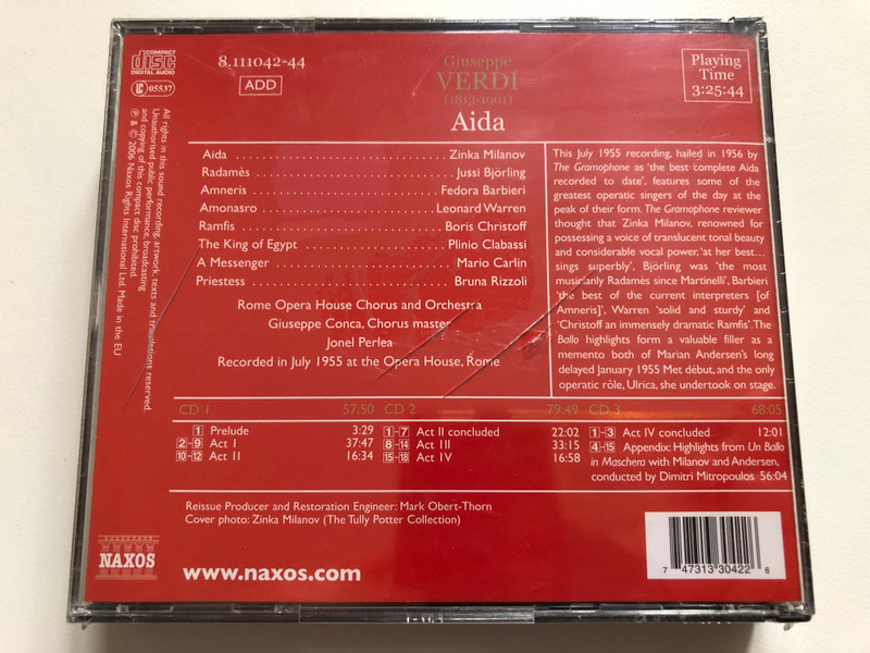 Verdi: Aida - Zinka Milanov, Jussi Björling, Fedora Barbieri, Leonard Warren, Boris Christoff, Rome Opera Huse Chorus And Orchestra, Jonel Perlea / Naxos 3x Audio CD 2006 / 8.111042-44
