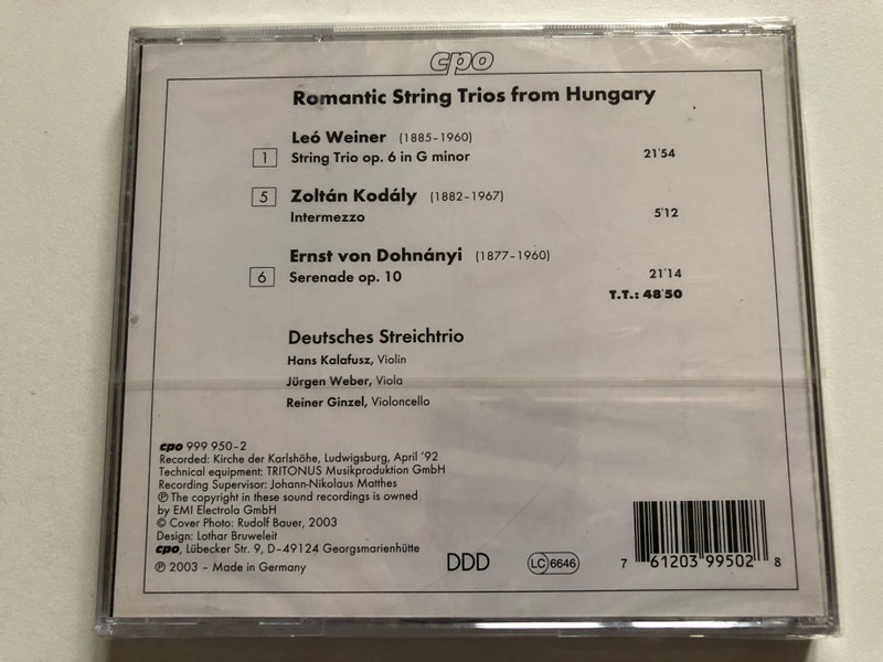 Hungarian String Trios - Dohnányi, Kodály, Weiner - Deutsches Streichtrio / cpo Audio CD 2003 / 999 950-2