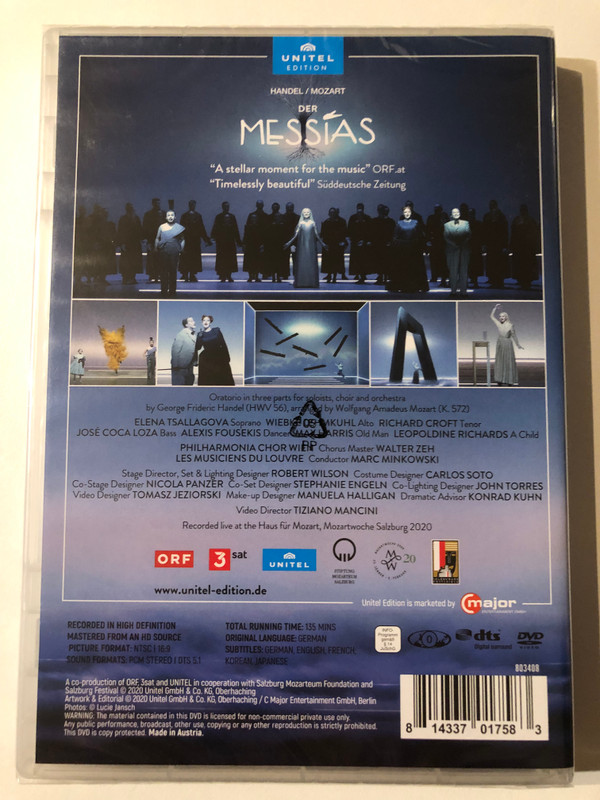 DER MESSIAS - HANDEL, MOZART  STAGE DIRECTOR, SET & LIGHTING DESIGN ROBERT WILSON  CONDUCTED BY MARC MINKOWSKI  LES MUSICIENS DU LOUVRE PHILHARMONIA CHOR WIEN  UNITEL EDITION  DVD Video (814337017583)