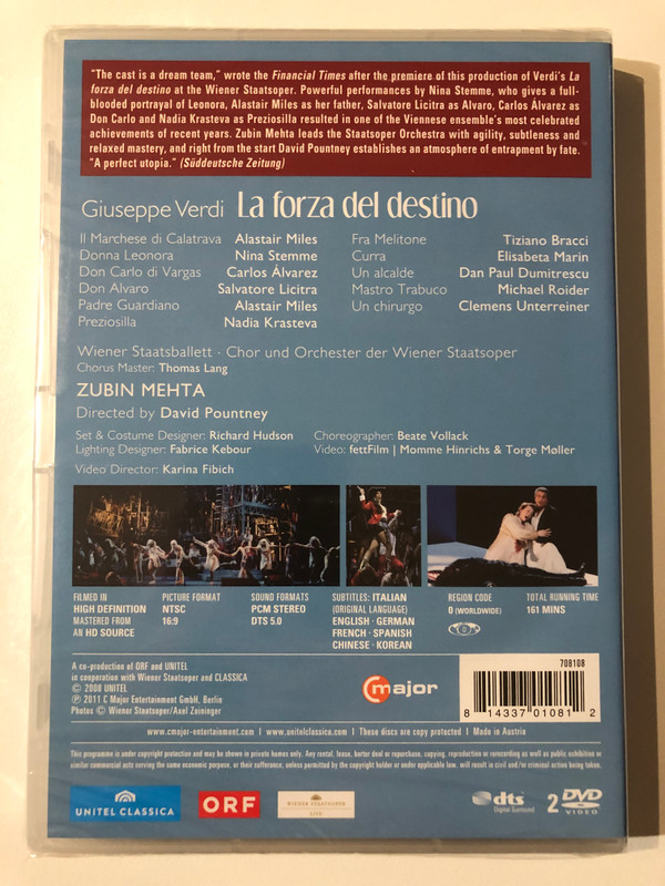 La forza del destino - Giuseppe Verdi / Chor und Orchester der Wiener Staatsoper / ZUBIN MEHTA / Directed by David Pountney / Unitel Classica / major / DVD Video (814337010812)