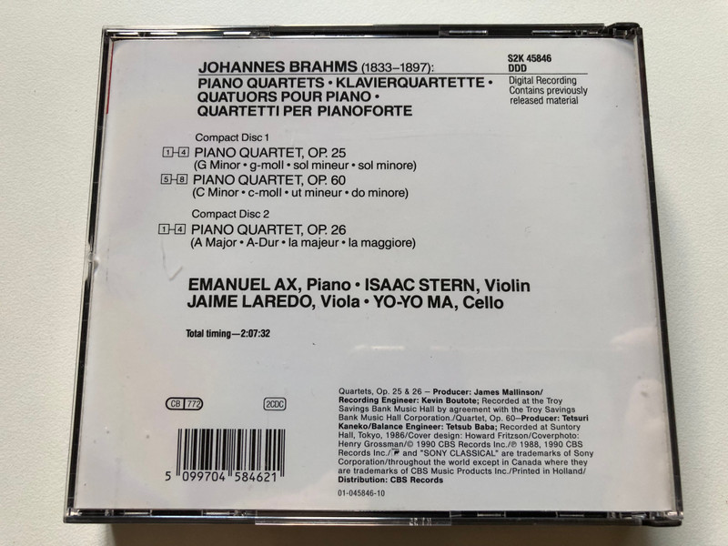 Emanuel Ax, Isaac Stern, Jaime Laredo, Yo-Yo Ma – Btahms: The Piano Quartets, Opp. 25, 26 & 60 / Sony Classical 2x Audio CD 1990 / S2K 45846