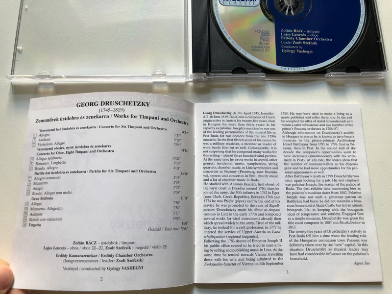 Works for timpani and orchestra - Georg Druschetzky / Zoltan Racz (timpani), Lajos Lencses (oboe), Erdody Chamber Orchestra, Zsolt Szefcsik (leader), Conducted by Gyorgy Vashegyi / Hungaroton Classic Audio CD 2005 Stereo / HCD 32236