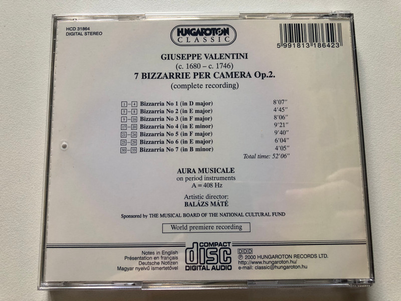 Valentini: 7 Bizzarrie Per Camera, Op.2 - Aura Musicale on period instruments, artistic director: Balázs Máté / Hungaroton Classic Audio CD 2000 Stereo / HCD 31864