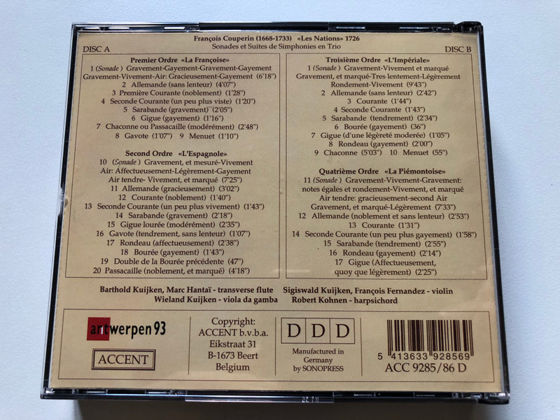 Francois Çouperin: Les Nations - The Kuijken Ensemble / Accent 2x Audio CD / ACC 9285/86 D