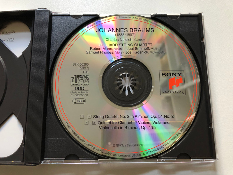 Johannes Brahms - String Quartets Op. 51 & Op. 67; Clarinet Quartet, Op. 115 - Juilliard String Quartet, Charles Neidich (clarinet) / Sony Classical 2x Audio CD 1995 / S2K 66285