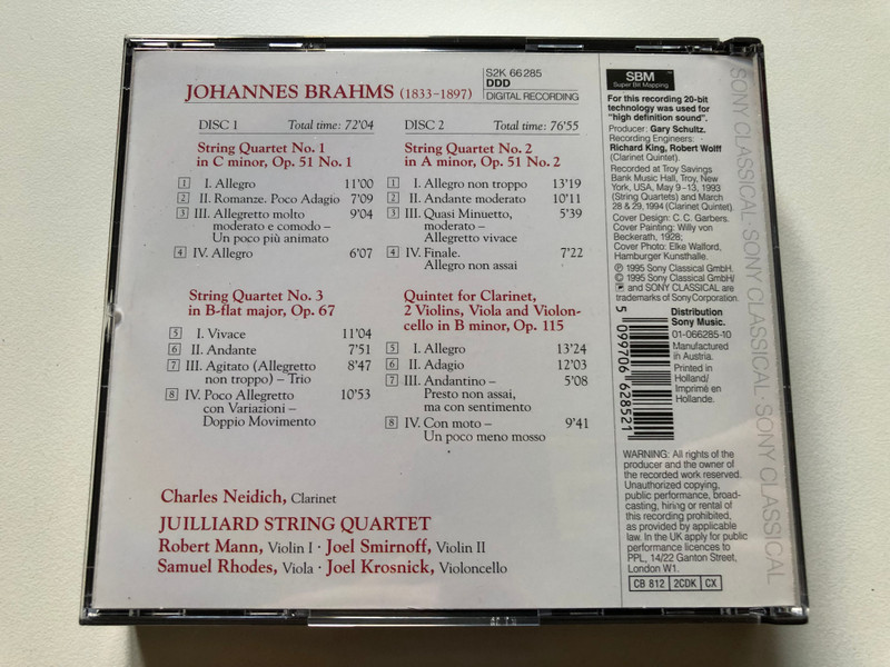 Johannes Brahms - String Quartets Op. 51 & Op. 67; Clarinet Quartet, Op. 115 - Juilliard String Quartet, Charles Neidich (clarinet) / Sony Classical 2x Audio CD 1995 / S2K 66285