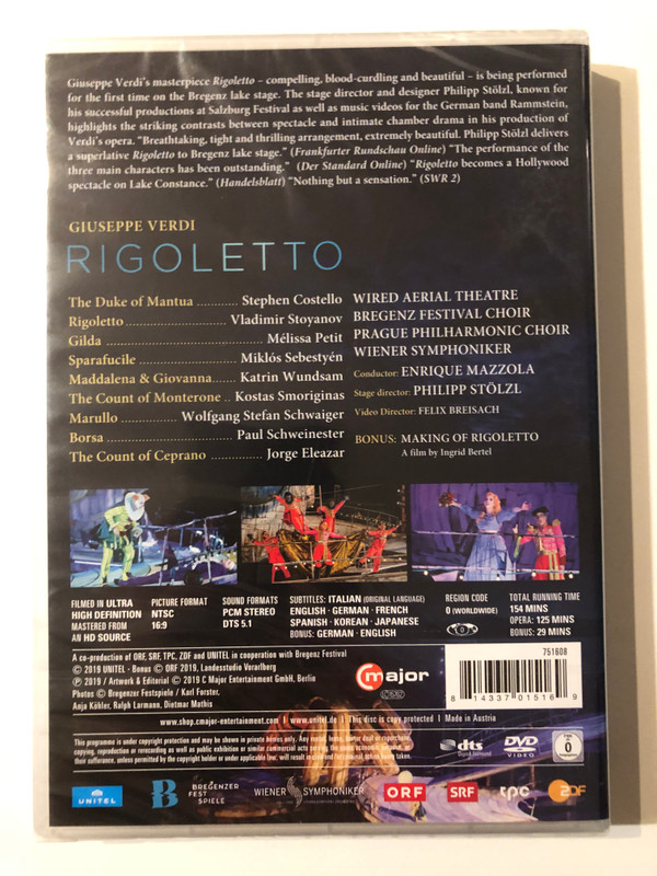 RIGOLETTO - VERDI / Stephen Costello, Vladimir Stoyanov, Mélissa Petit, Miklós Sebestyén, Katrin Wundsam / WIENER SYMPHONIKER, ENRIQUE MAZZOLA / STAGE DIRECTOR PHILIPP STÖLZL / BREGENZER FEST SPIELE / Unitel Classica / major / DVD Video (814337015169)
