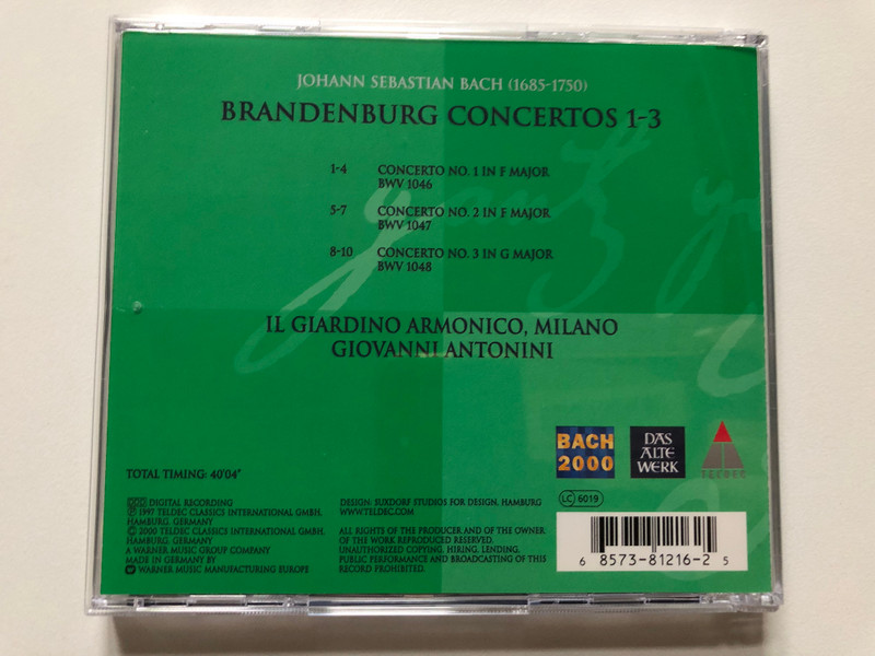Johann Sebastian Bach: Brandenburg Concertos 1-3 - Il Giardino Armonico / Bach 2000. The Orchestral Works - 134 / Teldec Audio CD 1997 / 8573-81216-2